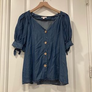 LC Lauren Conrad Dark Chambray Bubble Sleeve Blouse